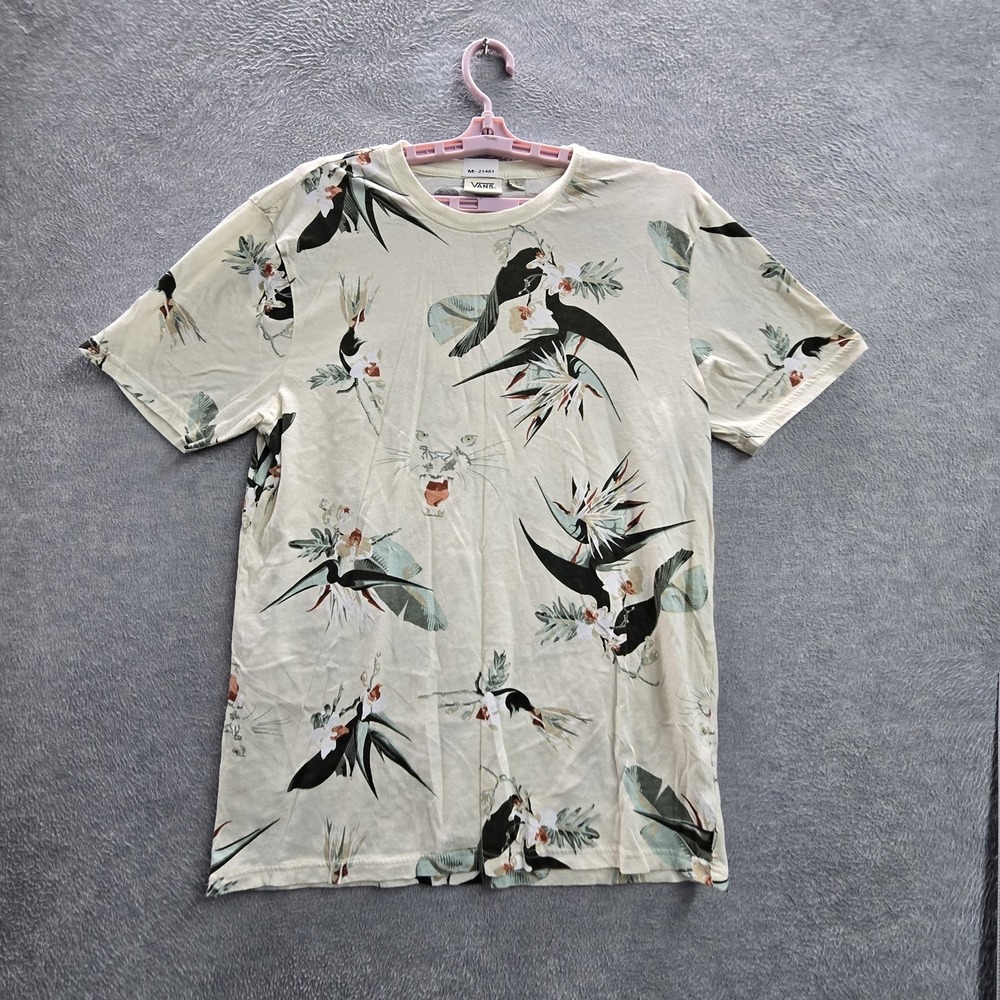 Vans Men Shirt L Cream Floral Birds Flowers Short Sleeve Logo